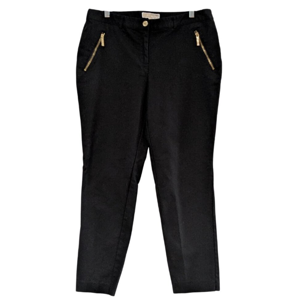 Michael Kors Women's Chino Pants Gold Zipper Pockets Black Size 12, Cotton Blend